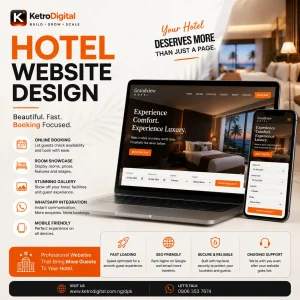 Professional hotel website design package with booking system mobile responsive layout and hosting included.