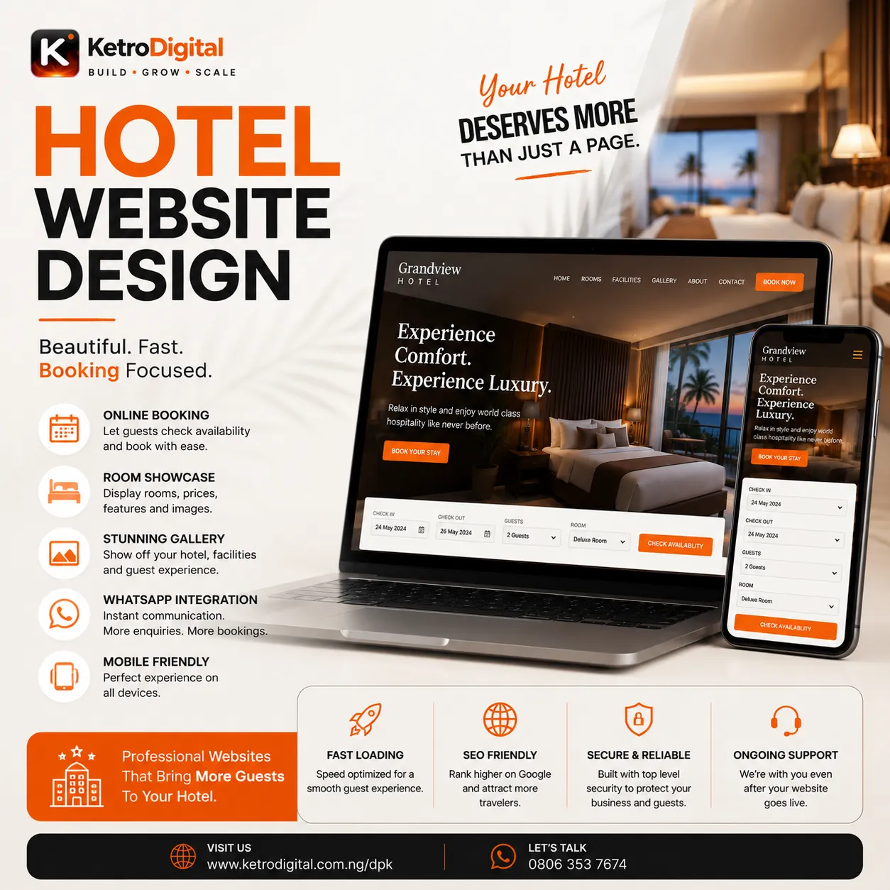Professional hotel website design package with booking system mobile responsive layout and hosting included.